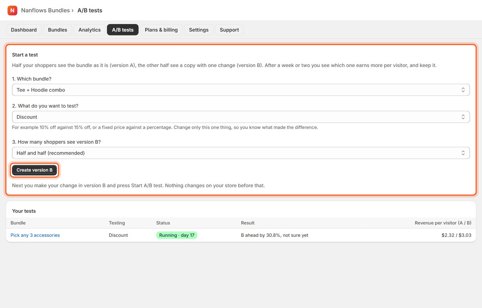 Open A/B tests and choose what to test
