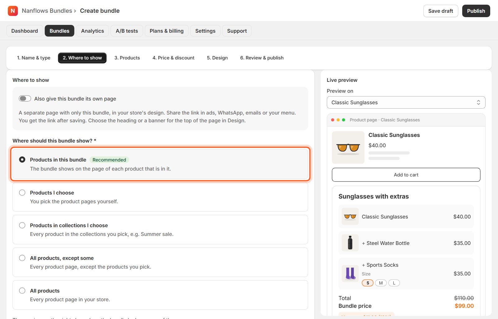 Where to show: keep Products in this bundle