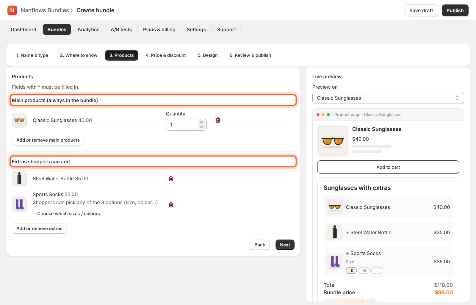 Products: main products and extras