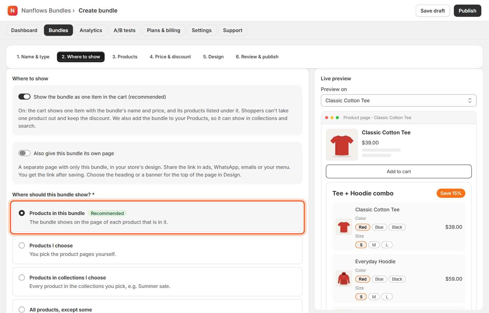 Where to show: keep Products in this bundle