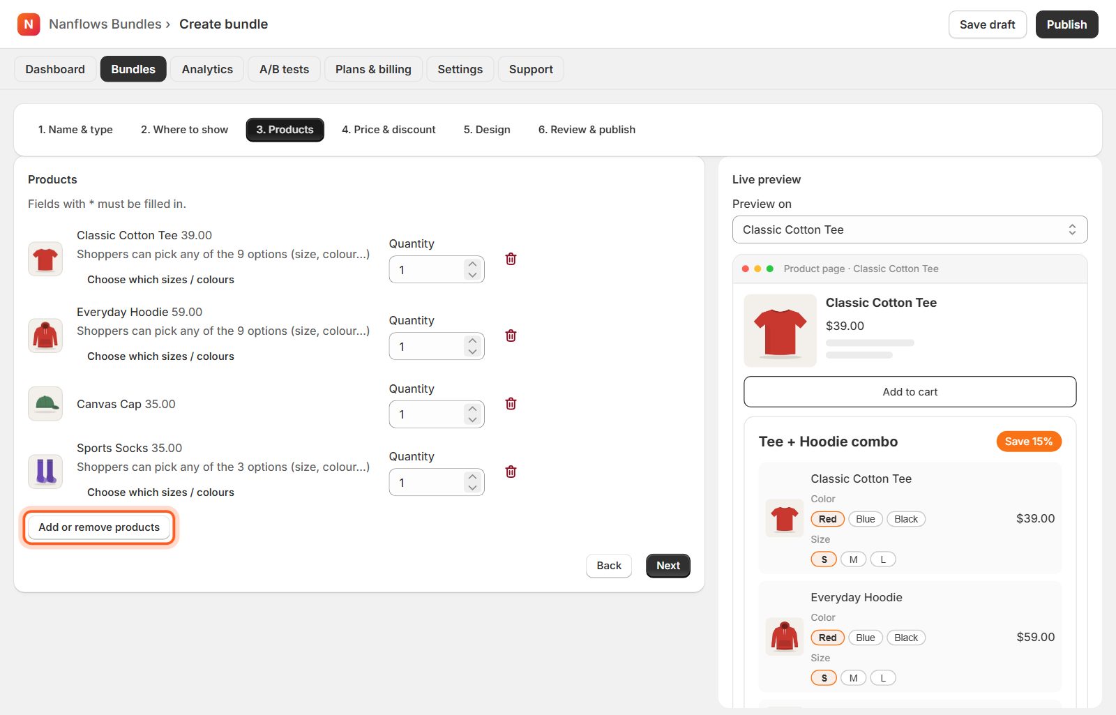 Products: pick the products and quantities