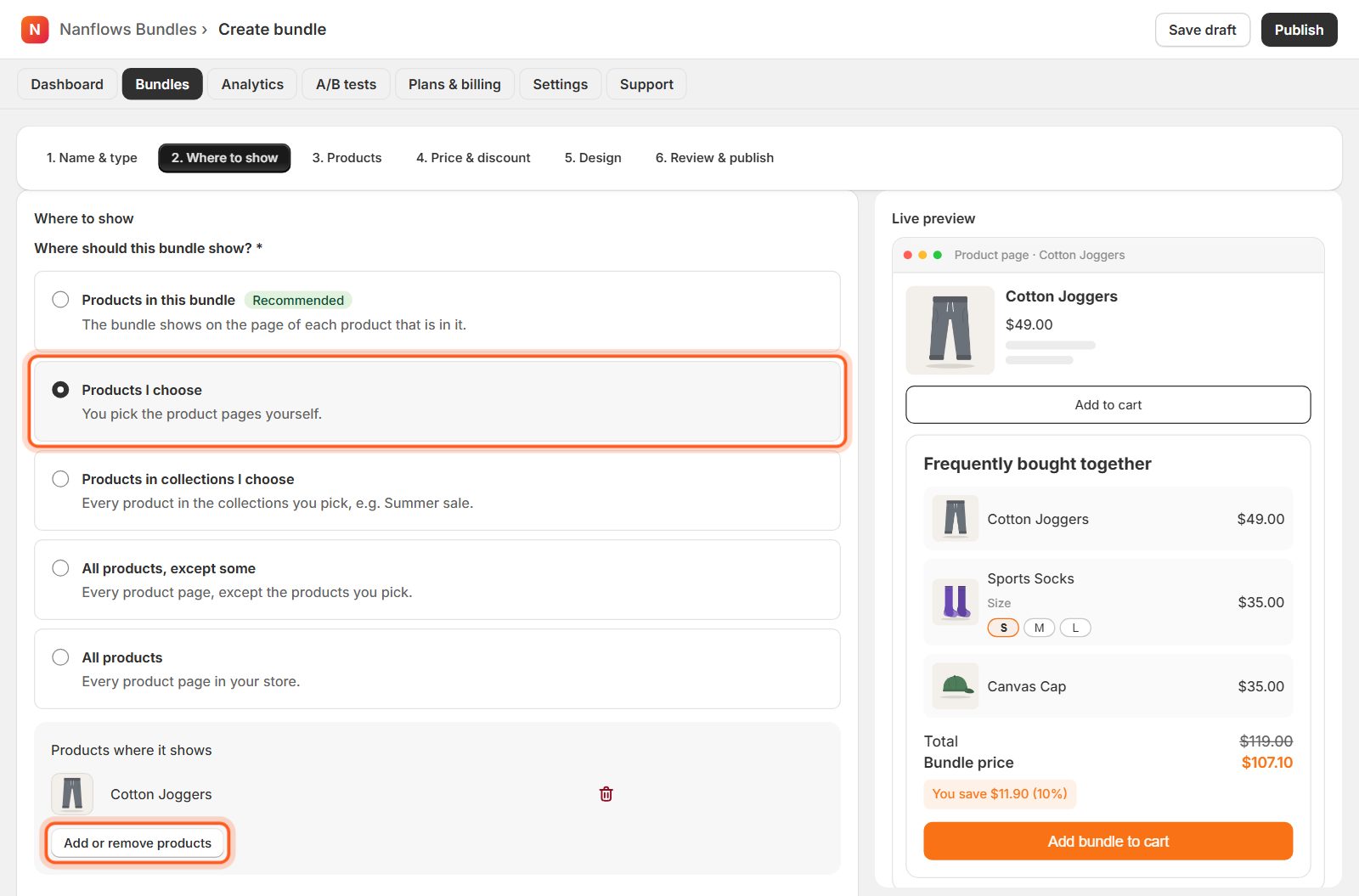 Where to show: pick the main product's page
