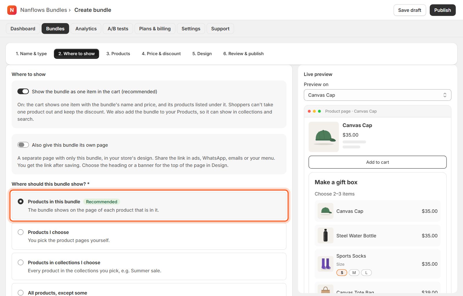 Where to show: keep Products in this bundle