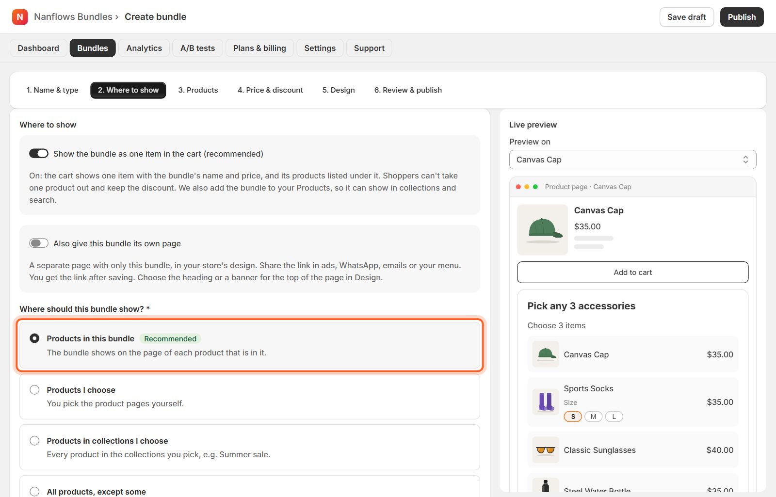 Where to show: keep Products in this bundle
