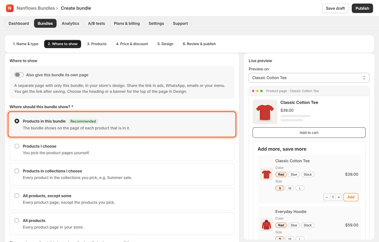 Where to show: keep Products in this bundle