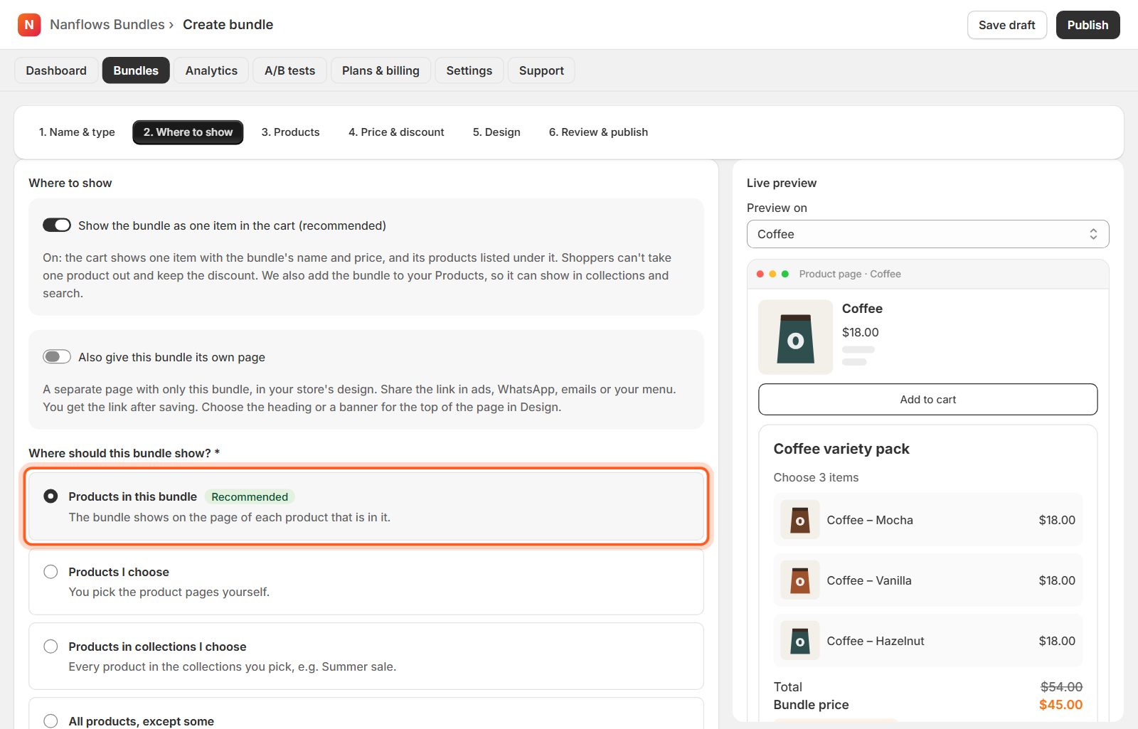 Where to show: keep Products in this bundle