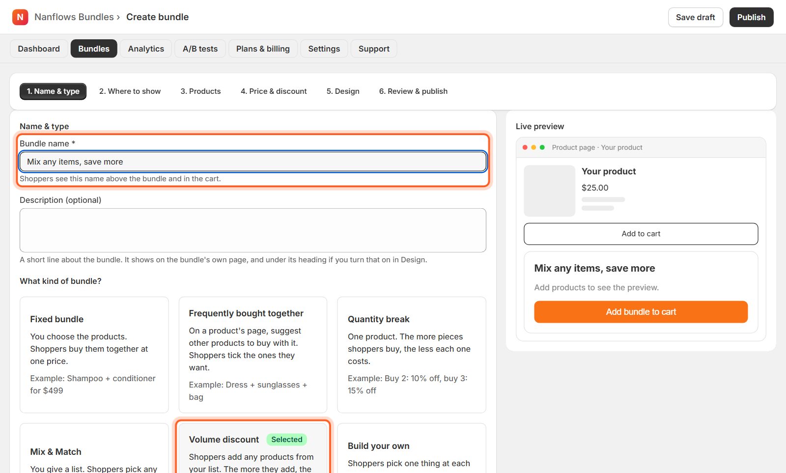 Type a name, then choose Volume discount