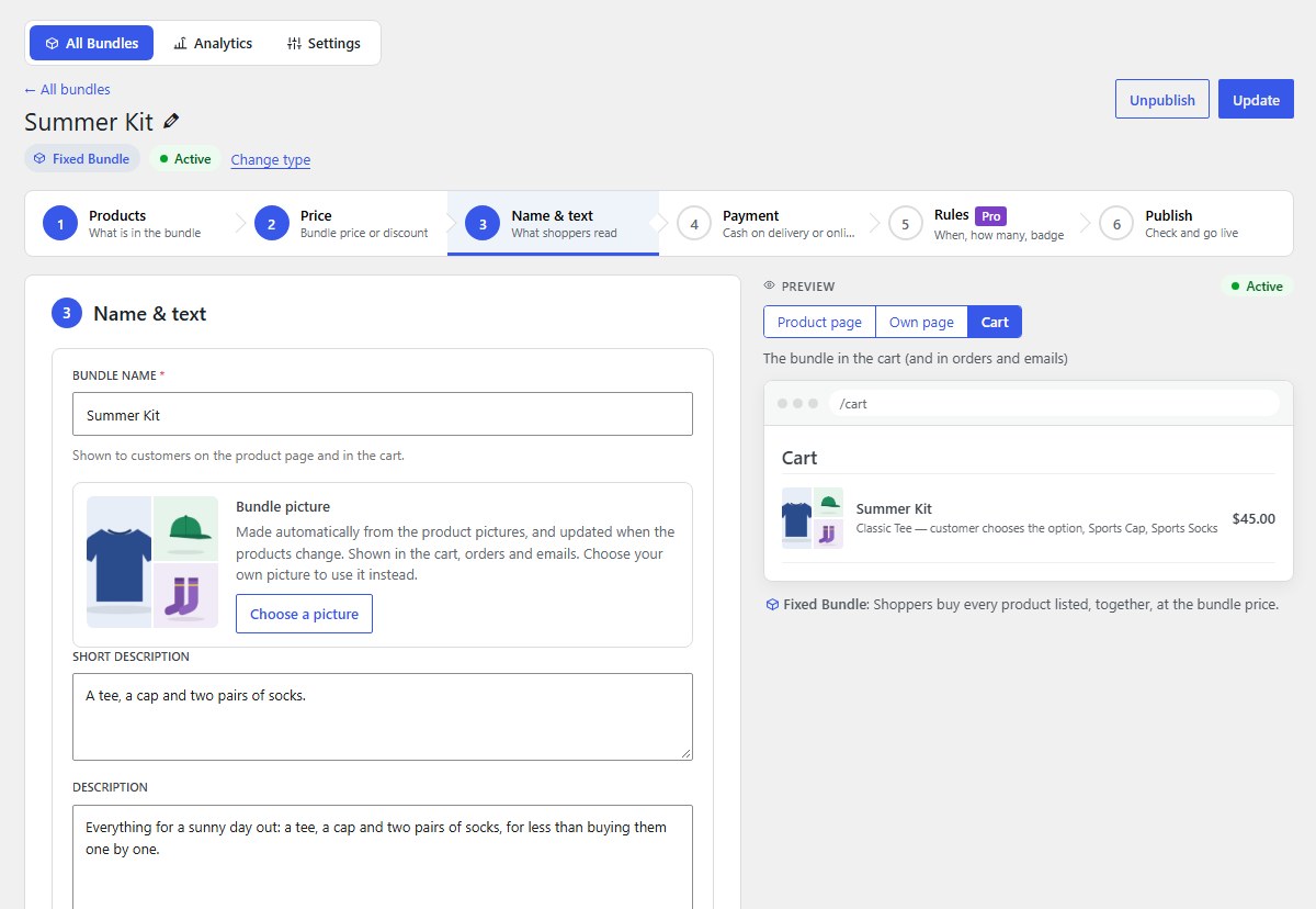Preview the product page, own page and cart