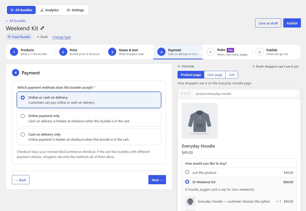 Choose the payment methods for the bundle