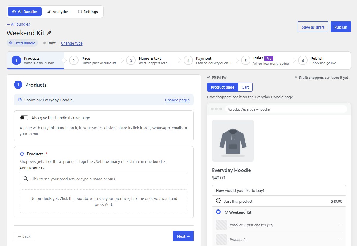 The editor: six steps, with a live preview
