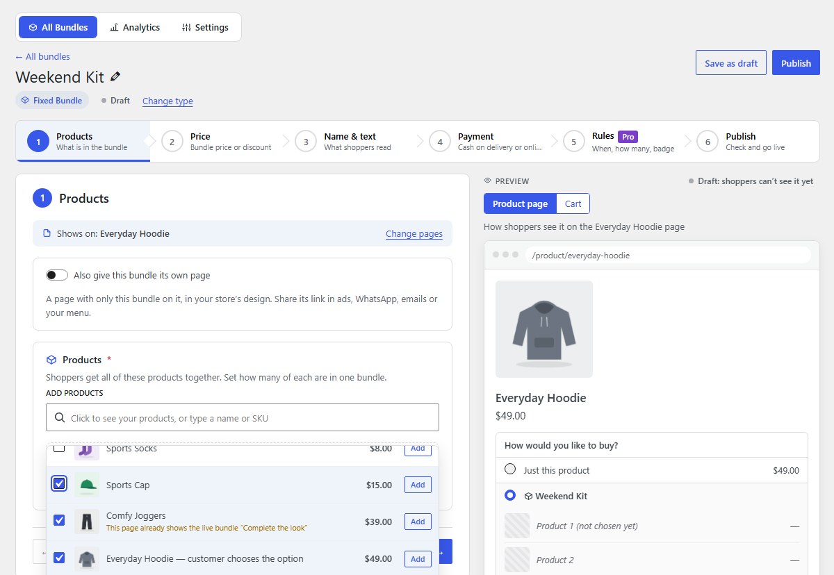 Products: tick the products and click Add