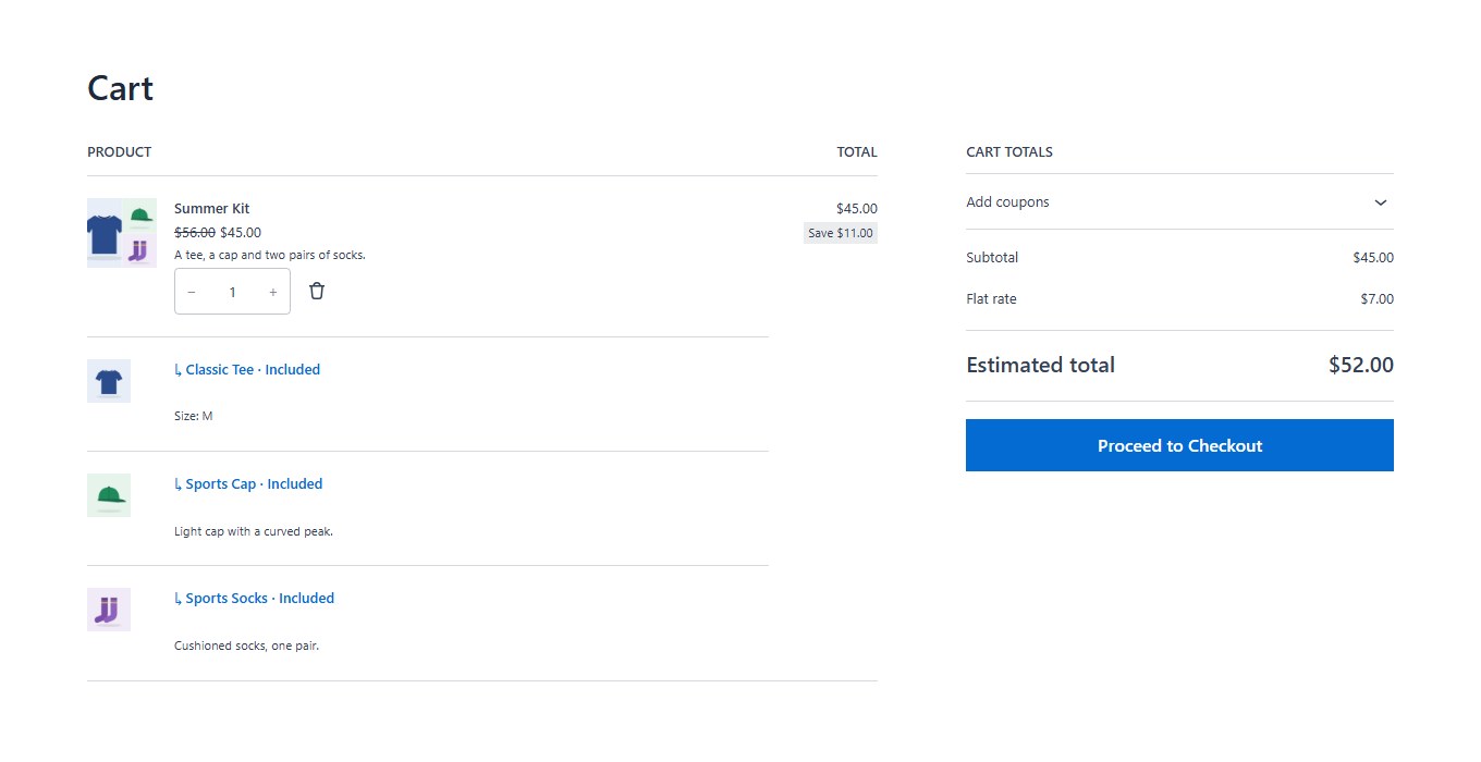 In the cart: the bundle with its products under it