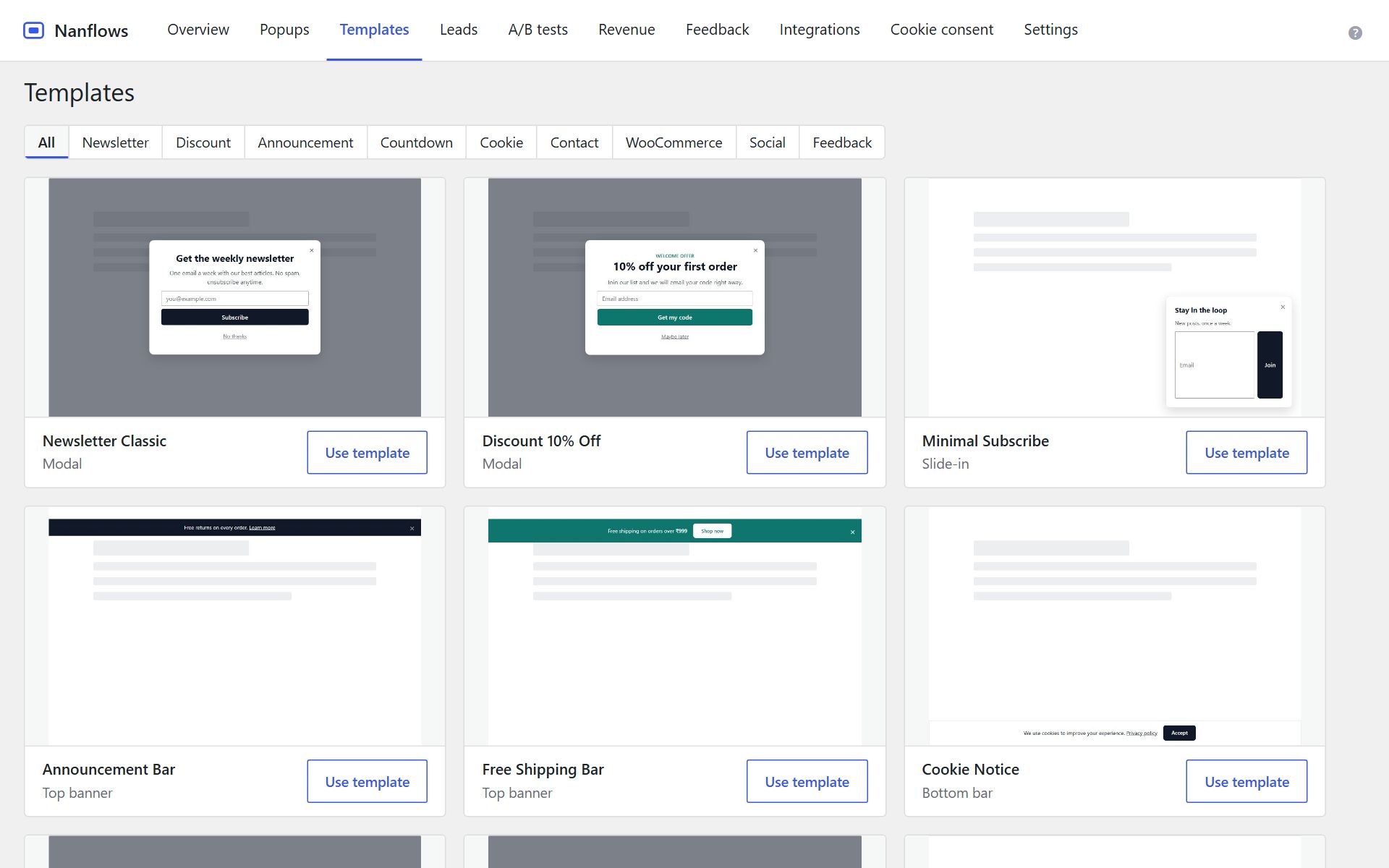 Template library: newsletter, discount, banners, cookie notice and more